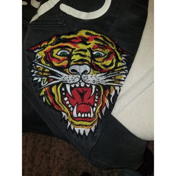 Ed Hardy Jeans Womens 32 Black Tiger Head‎ Embroidered Mid Slim Flare Y2K - Picture 13 of 16